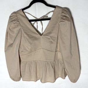 Y.A.S. Beige Puff Sleeve V Neck Deep V Back Ruffle Peplum Blouse S NWT